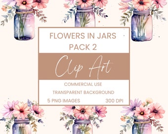 Blumen im Glas Bouquet Aquarell Clipart PNG, Junk Journaling, Pack 2, Blumen Aquarell kommerzielle Nutzung digitaler Sofort-Download