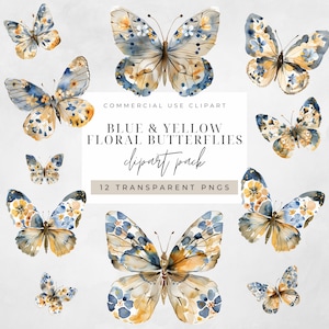 Clipart farfalla floreale blu e gialla acquerello, clipart per uso commerciale, PNG trasparenti, farfalle acquerello Boho arcobaleno