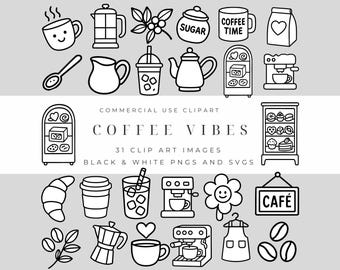 Coffee Vibes Clipart Pack – Cozy Café-Inspired Illustrations in Warm Neutrals and Pastels Black & White SVGs and PNGs Commercial Use
