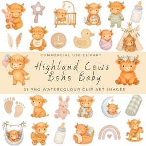 Ensemble de cliparts bohème bébé vache Highland - aquarelle veau chambre d'enfant, graphismes pour baby shower, PNG animaux de la ferme rustique, bébé des bois pastel