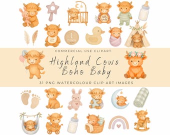 Boho Baby Highland Cow Clipart Set – Watercolor Calf Nursery Art, Baby Shower Graphics, Rustic Farm Animal PNGs, Pastel Woodland Baby