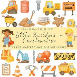 Clipart Little Builders | Kinderen bouwvakkers, png PNGEgg | Aquarel jongens en meisjes met veiligheidshelm | Leuke bouwgereedschappen en voertuigen