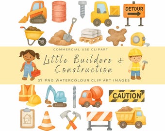 Little Builders Clipart | Kids Construction Workers PNG | Watercolor Boys & Girls in Hard Hats | Cute Builder Tools and Vehicles