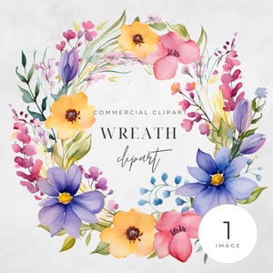 Watercolor Floral Wreath Clipart, Bright Summer Floral, SINGLE IMAGE, Flowers, Half Wreaths, Wedding Boho, Transparent png, Commercial Use