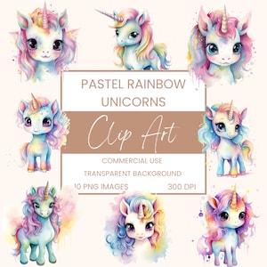Pastel Rainbow Unicorns Clip Art Pack Watercolour, Clipart or Commercial Use,  Bundle, pastels unicorn, Wall Art Watercolour PNG