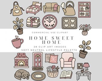 Home Sweet Home Clipart – Cozy Pastel Illustrations for Stickers, Planners, Scrapbooking, Crafts & Sublimation Projects