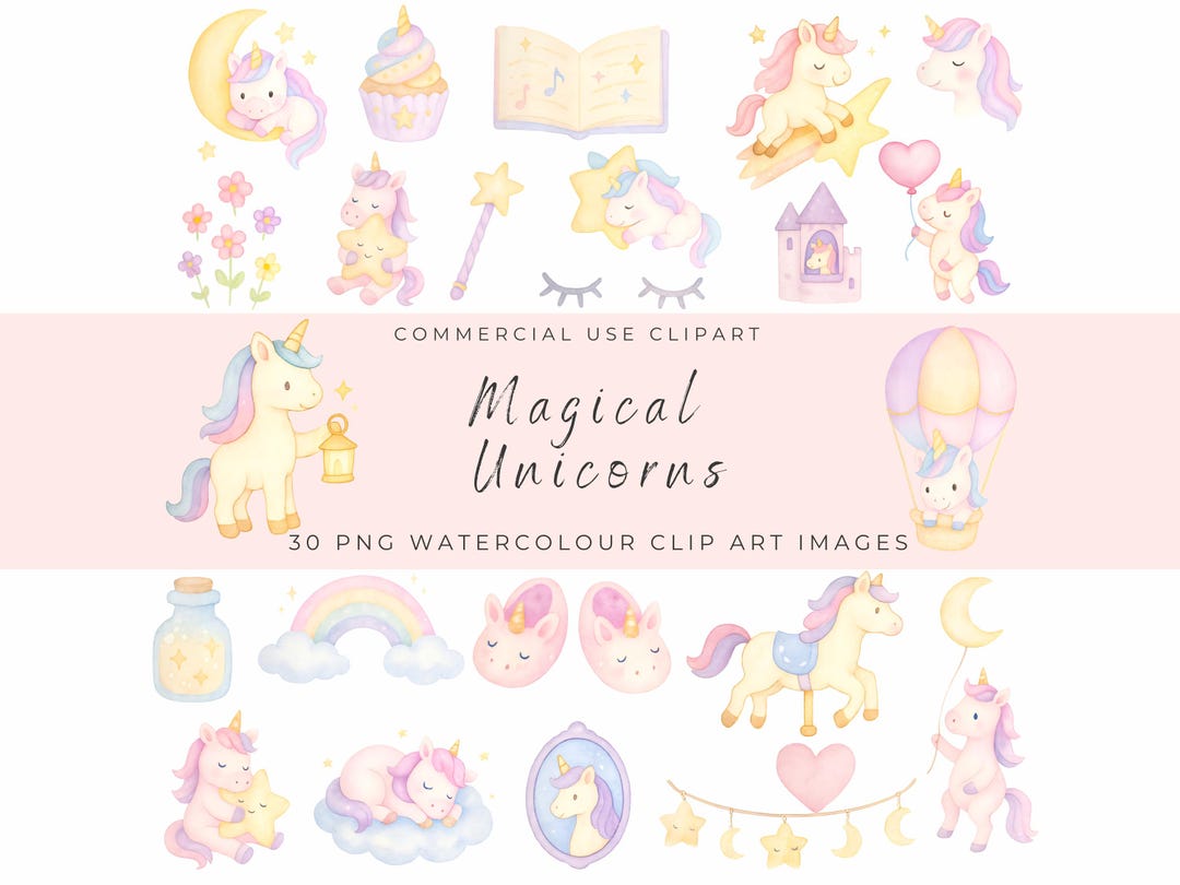 Magical Pastel Unicorn Watercolor Clipart Bundle | Dreamy Rainbow ...