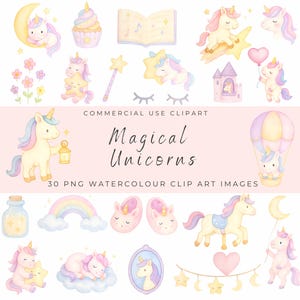 Magische pastel eenhoorn aquarel clipartbundel | Dromerige regenboog, sterren, wolken en mini-elementen | Leuke png-set voor kinderfeestdecor