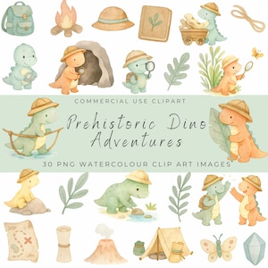 Prehistoric Dinosaur Explorers Watercolor Clipart Set | Adventure Dinos, Fossils, Maps & Camping | Pastel Kids Explorer PNG Bundle