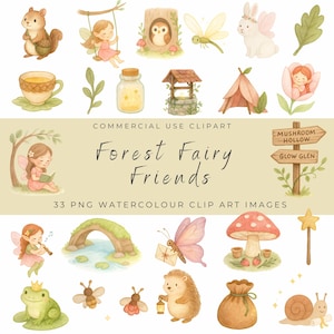Forest Fairy Friends Watercolor Clipart Set – Woodland Fairies, Mushrooms, Animals, Magical Forest Digital Download