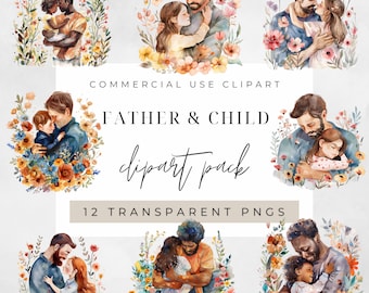 Watercolor Father and Child Clipart, BUNDLE, Flowers, Mom, Child, Father’s Day, transparent png, Commercial Use