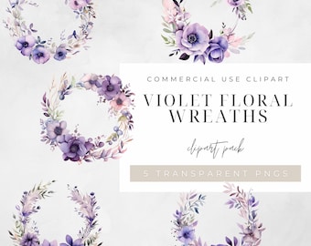 Watercolor Violet Floral Wreath Clipart, BUNDLE, Flowers, Half Wreaths, Wedding Minimalist, Leaves, Transparent png, Commercial Use