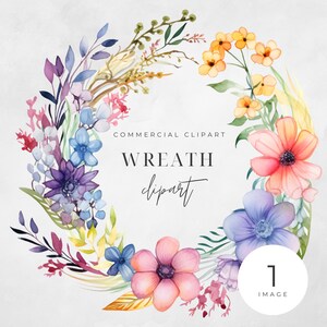 Watercolor Floral Wreath Clipart, Bright Summer Floral, SINGLE IMAGE, Flowers, Half Wreaths, Wedding Boho, Transparent png, Commercial Use