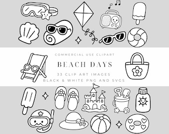 Beach Days Clipart Pack – Bold & Fun Summer Elements, Beach Toys, Sunscreen, Umbrellas, and Ocean for Crafts, Black and White SVG and PNG