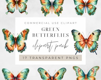Watercolor Green Butterfly Clipart, Clipart for commercial use, Transparent PNGs, Boho Vintage Watercolour Butterflies