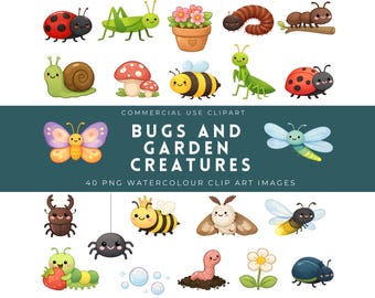 Bugs and Garden Creatures Clipart | Bug, Insects Clipart Bundle, Cute Bold Creatures PNG, Digital Download