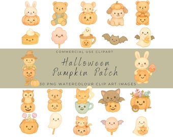 Pumpkin Patch Friends Halloween Clipart – Pastel Watercolor Pumpkins, Ghosts, Animals, Treats – Cute Cozy Fall PNG Set