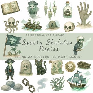 Clipart pirates squelette effrayant - bateau pirate hanté, équipage fantôme, ossements et trésor maudit - PNG aquarelles d'Halloween
