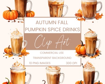 May include: A set of 10 digital clip art images featuring watercolor illustrations of pumpkin spice drinks with whipped cream and fall-themed accents like pumpkins, leaves, and cinnamon sticks. The text "AUTUMN FALL PUMPKIN SPICE DRINKS Clip Art" is displayed on a brown background.
