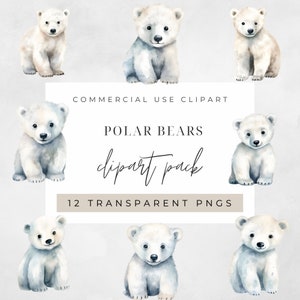 Polar Bears Watercolor Clipart PNG, Junk Journaling, Floral Watercolor Wall Art Commercial Use, Winter, Snow Bear Digital Instant Download