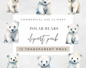 Ijsberen aquarel clipart PNG, junk journaling, bloemen aquarel Wall Art commercieel gebruik, winter, sneeuwbeer digitale Instant Download