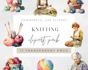 Watercolor Knitting Clipart Graphics: Instant Download for Commercial Use