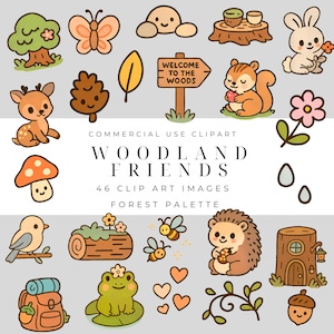 Set di clipart di animali del bosco - Simpatiche creature della foresta, alberi, funghi ed elementi della natura - File PNG per lavoretti per bambini e baby shower