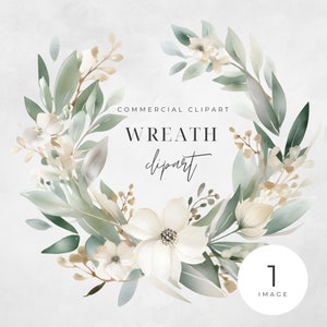 Può includere: Una ghirlanda ad acquerello con fiori bianchi e foglie verdi. La ghirlanda è su uno sfondo bianco con il testo "COMMERCIAL CLIPART WREATH clipart" e "1 IMAGE".