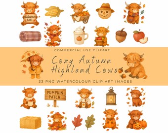 Cozy Autumn Highland Cow Clipart – Fall Watercolor Cows PNG, Pumpkin Spice Farm Animals, Sweater Weather Harvest Cow Illustrations