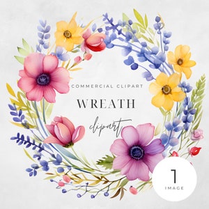 Watercolor Floral Wreath Clipart, Bright Summer Floral, SINGLE IMAGE, Flowers, Half Wreaths, Wedding Boho, Transparent png, Commercial Use