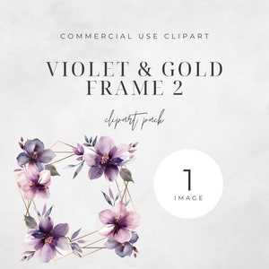 Fiori viola cornice dorata ghirlanda acquerello Clipart PNG, Junk Journaling, Bundle, uso commerciale floreale Download istantaneo digitale