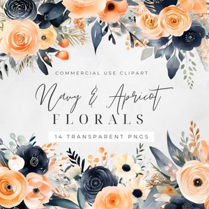 Navy and Apricot Bouquet Watercolor Clipart PNG, Junk Journaling, Bundle, Floral Watercolor Commercial Use Digital Instant Download