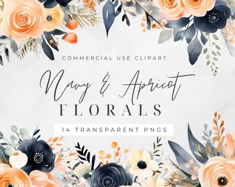 May include: A digital clipart set of 14 watercolor floral illustrations in navy blue and apricot colors. The flowers are arranged in a border around the text "Navy & Apricot FLORALS 14 TRANSPARENT PNGS".