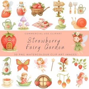 Erdbeerfee Garten Clipart Set - Aquarell Feen, Pilze, Erdbeeren & Cottagecore Elemente PNG