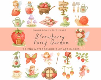 Strawberry Fairy Garden Clipart Set – Watercolor Fairies, Mushrooms, Strawberries & Cottagecore Elements PNG