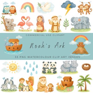 Noahs Arche Aquarell Clipart Set - Tiere aus der Bibel, Arche, Regenbogen, christliche Kunst, Kinderbibelillustrationen, Sonntagsschule PNG