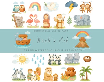 Noah’s Ark Watercolor Clipart Set – Bible Story Animals, Ark, Rainbow, Christian Art, Kids Bible Illustrations, Sunday School PNG