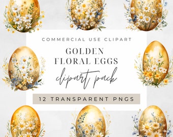 Watercolor Golden Easter Eggs Clipart, Clipart for commercial use, Transparent PNGs, Gold Easter Eggs Floral
