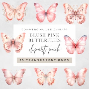 Aquarela Blush Pink Butterfly Clipart, Clipart para uso comercial, PNGs transparentes, Pink Boho Watercolor Butterflies
