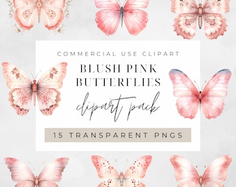 Watercolor Blush Pink Butterfly Clipart, Clipart for commercial use, Transparent PNGs, Pink Boho Watercolour Butterflies