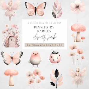 Whimsical Pink Fairy Garden Clipart - Perfect for Junk Journaling and Wall Art - Commercial Use - Instant Download