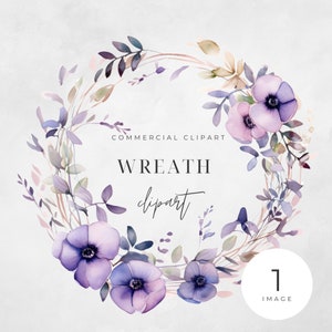 Acuarela violeta corona floral clipart, IMAGEN ÚNICA, flores, medias coronas, boda minimalista, hojas, png transparente, uso comercial