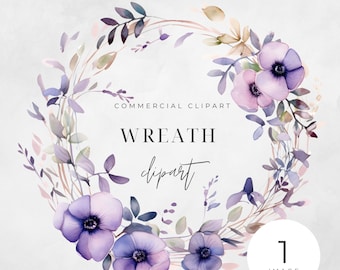 Watercolor Violet Floral Wreath Clipart, SINGLE IMAGE, Flowers, Half Wreaths, Wedding Minimalist, Leaves, Transparent png, Commercial Use