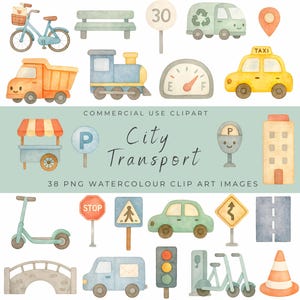 Clipart de acuarela de transporte urbano: coches, autobuses, carreteras y señales adorables. Elementos de viaje para niños, impresiones y manualidades para uso comercial.