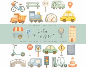 City Transport Watercolor Clipart – Cute Cars, Buses, Roads & Signs – Travel Elements for Kids, Prints and Crafts Commercial Use