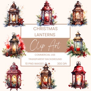 Christmas Lanterns Candles Clip Art Pack Watercolour, Clipart or Commercial Use, Festive Christmas Lantern, Wall Art Watercolour PNG