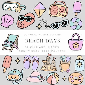 Könnte beinhalten: Ein Set mit 32 bunten Clipart-Bildern mit Strandmotiven. Die Bilder beinhalten einen Strandstuhl, Sonnenbrillen, eine Muschel, eine Strandtasche, eine Sandburg, einen Strandball, Flip-Flops, ein Strandtuch, ein Eis am Stiel, einen Schwimmreifen, einen Drachen, ein Radio, einen Schnorchel, einen Sonnenhut, einen Eimer und eine Schaufel sowie Sonnencreme.