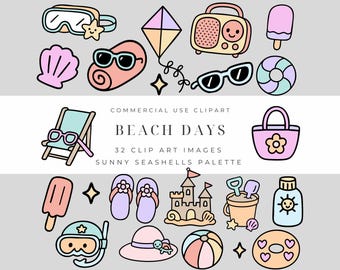 Summer Clipart. Hand Drawn Beach, Vacation, Holiday Clip Art. Doodle Ice Cream, Palm Leaf, Sunscreen, Pool, Watermelon, Sea Illustrations.