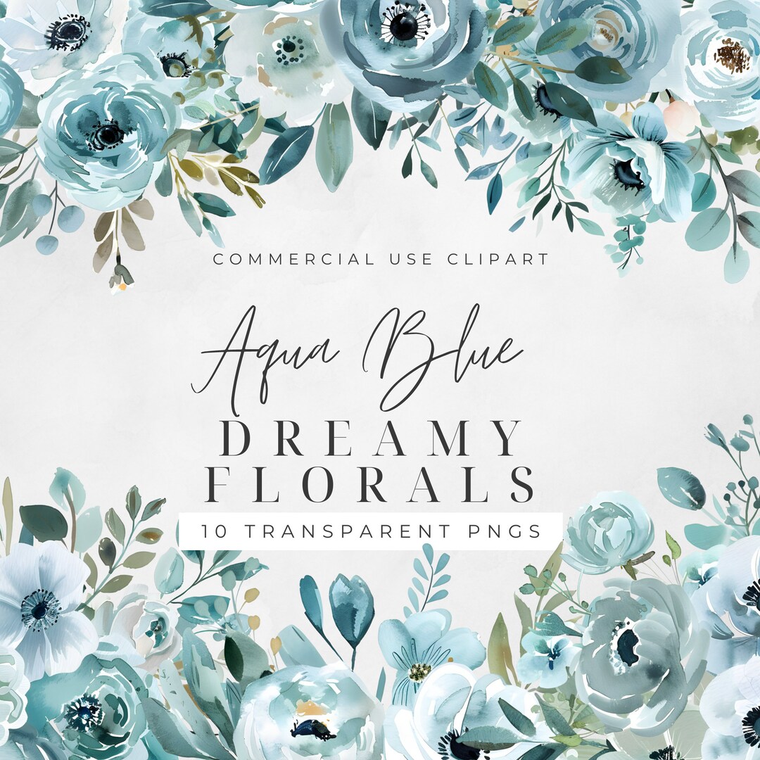 Aqua Floral Bouquet Watercolor Clipart PNG, Junk Journaling, Bundle ...