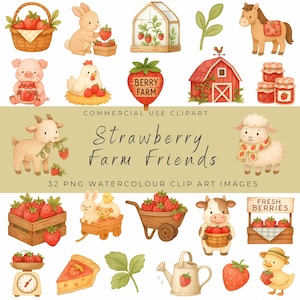 Clipart amis de la ferme aux fraises - Ensemble PNG d'animaux, de baies, de grange, de jardin et de marché à l'aquarelle